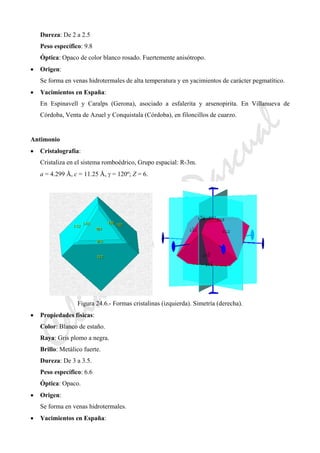 CeliaMarcosPascual
Dureza: De 2 a 2.5
Peso específico: 9.8
Óptica: Opaco de color blanco rosado. Fuertemente anisótropo.
• Origen:
Se forma en venas hidrotermales de alta temperatura y en yacimientos de carácter pegmatítico.
• Yacimientos en España:
En Espinavell y Caralps (Gerona), asociado a esfalerita y arsenopirita. En Villanueva de
Córdoba, Venta de Azuel y Conquistala (Córdoba), en filoncillos de cuarzo.
Antimonio
• Cristalografía:
Cristaliza en el sistema romboédrico, Grupo espacial: R-3m.
a = 4.299 Å, c = 11.25 Å, γ = 120º; Z = 6.
Figura 24.6.- Formas cristalinas (izquierda). Simetría (derecha).
• Propiedades físicas:
Color: Blanco de estaño.
Raya: Gris plomo a negra.
Brillo: Metálico fuerte.
Dureza: De 3 a 3.5.
Peso específico: 6.6
Óptica: Opaco.
• Origen:
Se forma en venas hidrotermales.
• Yacimientos en España:
 