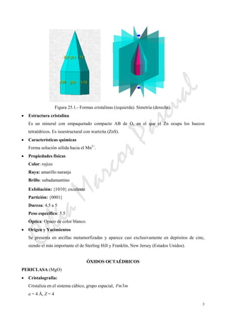 CeliaMarcosPascual
3
Figura 25.1.- Formas cristalinas (izquierda). Simetría (derecha).
• Estructura cristalina
Es un mineral con empaquetado compacto AB de O, en el que el Zn ocupa los huecos
tetraédricos. Es isoestructural con wurtzita (ZnS).
• Características químicas
Forma solución sólida hacia el Mn2+
.
• Propiedades físicas
Color: rojizo
Raya: amarillo naranja
Brillo: subadamantino
Exfoliación: {1010} excelente
Partición: {0001}
Dureza: 4,5 a 5
Peso específico: 5.5
Óptica: Opaco de color blanco.
• Origen y Yacimientos
Se presenta en arcillas metamorfizadas y aparece casi exclusivamente en depósitos de cinc,
siendo el más importante el de Sterling Hill y Franklin, New Jersey (Estados Unidos).
ÓXIDOS OCTAÉDRICOS
PERICLASA (MgO)
• Cristalografía:
Cristaliza en el sistema cúbico, grupo espacial, mFm3
a = 4 Å, Z = 4
 