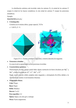 CeliaMarcosPascual
12
La distribución catiónica está invertida: todos los cationes X y la mitad de los cationes Y
ocupan la mitad de los huecos octaédricos; la otra mitad de cationes Y ocupan las posiciones
tetraédricas.
Ejemplo:
MAGNETITA (Fe3O4)
• Cristalografía:
Cristaliza en el sistema cúbico, grupo espacial, mFd 3
a = 8,40 Å, Z = 8
Figura 25.11.- Formas cristalinas (izquierda) y simetría (derecha) de magnetita
• Estructura cristalina
Es como la de la espinela pero con las posiciones invertidas
• Características químicas:
Prácticamente (Fe3O4), aunque puede haber alguna sustitución de hierro divalente por Mg2+
y
Mn2+
y hierro trivalente por Al3+
, Cr3+
, Mn3+
y Ti4+
.
Puede existir solución sólida completa entre magnetita y ulvöespinela (Fe2TiO4) debido a la
sustitución de (similar a la de hematites-ilmenita).
• Propiedades físicas:
Color: Negro
Raya: Negra
Brillo: Metálico
Dureza: 5 a 6,5
Peso específico: 5,2
Óptica: Opaco, de color gris e isótropo
Otras: Fuerte magnetismo
 