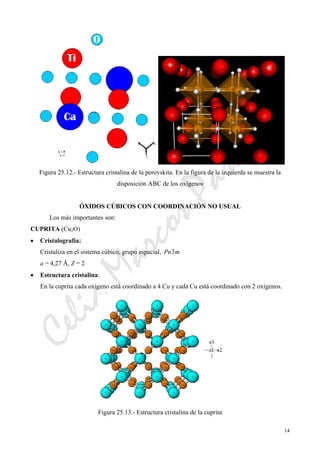 CeliaMarcosPascual
14
Figura 25.12.- Estructura cristalina de la perovskita. En la figura de la izquierda se muestra la
disposición ABC de los oxígenos
ÓXIDOS CÚBICOS CON COORDINACIÓN NO USUAL
Los más importantes son:
CUPRITA (Cu2O)
• Cristalografía:
Cristaliza en el sistema cúbico, grupo espacial, mPn3
a = 4,27 Å, Z = 2
• Estructura cristalina:
En la cuprita cada oxígeno está coordinado a 4 Cu y cada Cu está coordinado con 2 oxígenos.
Figura 25.13.- Estructura cristalina de la cuprita
 