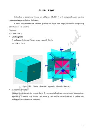 CeliaMarcosPascual
2
26.1 HALUROS
Esta clase se caracteriza porque los halógenos Cl-
, Br-
, F-
y Y-
son grandes, con una sola
carga negativa yse polarizan fácilmente.
Cuando se combinan con cationes grandes dan lugar a un empaquetamiento compacto y
estructuras de alta simetría.
Ejemplos:
HALITA (NaCl)
• Cristalografía
Cristaliza en el sistema Cúbico, grupo espacial, mFm3
a = 5,64 Å, Z = 4
Figura 26.1.- Formas cristalinas (izquierda). Simetría (derecha).
• Estructura cristalina
Su estructura se caracteriza porque deriva del empaquetado cúbico compacto con las posiciones
octaédricas ocupadas y en la que cada anión y cada catión está rodeado de 6 vecinos más
próximos con coordinación octaédrica.
 