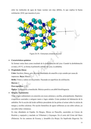 CeliaMarcosPascual
19
entre las moléculas de agua de hojas vecinas son muy débiles, lo que explica la buena
exfoliación {010} que muestra el yeso.
Figura 26.18.- Estructura cristalina de yeso
• Características químicas
Se forman varias fases como resultado de la deshidratación del yeso. Cuando la deshidratación
es total, a 95 ºC, se forma el polimorfo anhidro del yeso, la anhidrita.
• Propiedades físicas
Color: Incoloro, blanco, gris; diversas tonalidades de amarillo a rojo castaño por causa de
impurezas. Raya: Blanca
Brillo: Vítreo y sedoso en los cristales. Nacarado en superficies de exfoliación.
Dureza: 2
Peso específico: 2,32
Óptica: Transparente a translúcido. Biáxico positivo con débil birrefringencia
• Origen y Yacimientos
Tiene origen sedimentario en conexión con rocas calcáreas y arcillas, principalmente. Depósitos
evaporíticos asociados a antiguos mares o lagos salados. Como producto de hidratación de la
anhidrita. Por la acción del ácido sulfúrico procedente de las piritas al actuar sobre la calcita de
margas y arcillas calcáreas. Por acción fumarólica de aguas sulfurosas ya sea sobre calizas, ya
sea sobre tobas volcánicas.
Es muy abundante en España: En Burgos, fibroso en Pancorbo, sacaroideo en Cerezo de
Riotirón y espejuelo y maclado en Villarmero y Gayangos. En el cerro del Cristo del Otero
(Palencia). En las canteras de Ezcaray y Arnedillo (La Rioja). En Sepúlveda (Segovia). En
 