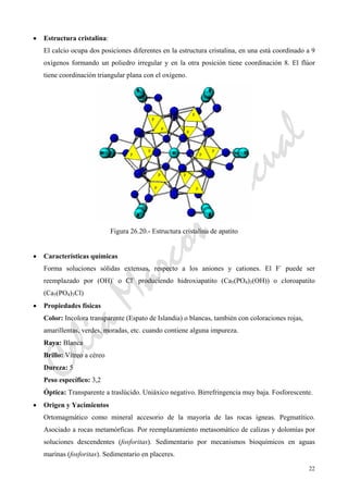 CeliaMarcosPascual
22
• Estructura cristalina:
El calcio ocupa dos posiciones diferentes en la estructura cristalina, en una está coordinado a 9
oxígenos formando un poliedro irregular y en la otra posición tiene coordinación 8. El flúor
tiene coordinación triangular plana con el oxígeno.
Figura 26.20.- Estructura cristalina de apatito
• Características químicas
Forma soluciones sólidas extensas, respecto a los aniones y cationes. El F-
puede ser
reemplazado por (OH)-
o Cl-
produciendo hidroxiapatito (Ca5(PO4)3(OH)) o cloroapatito
(Ca5(PO4)3Cl)
• Propiedades físicas
Color: Incolora transparente (Espato de Islandia) o blancas, también con coloraciones rojas,
amarillentas, verdes, moradas, etc. cuando contiene alguna impureza.
Raya: Blanca
Brillo: Vítreo a céreo
Dureza: 5
Peso específico: 3,2
Óptica: Transparente a traslúcido. Uniáxico negativo. Birrefringencia muy baja. Fosforescente.
• Origen y Yacimientos
Ortomagmático como mineral accesorio de la mayoría de las rocas ígneas. Pegmatítico.
Asociado a rocas metamórficas. Por reemplazamiento metasomático de calizas y dolomías por
soluciones descendentes (fosforitas). Sedimentario por mecanismos bioquímicos en aguas
marinas (fosforitas). Sedimentario en placeres.
 
