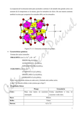 7
La respuesta de la estructura tanto para acomodar a cationes A de tamaño más grande como a un
aumento de la temperatura es la misma: girar los tetraedros de silicio. De esta manera aumenta
también la arista que comparten los octaedros BO6 con los tetraedros.
Figura 27.1.5.- Estructura cristalina de granate.
• Características químicas:
Forman dos series isomorfas:
PIRALSPITA con A ≠ Ca2+
y B = Al3+
PIROPO Mg3Al2(SiO4)3
ALMANDINO Fe 3Al2(SiO4)3
ESPESARTINA Mn3Al2(SiO4)3
UGRANDITA con A = Ca2+
UVAROVITA Ca3Cr2(SiO4)3
GROSULARIA Ca3Al2(SiO4)3
ANDRADITA Ca3Fe2(SiO4)3
Existe solución sólida extensa en cada serie y limitada entre ambas series.
A alta T la solución sólida es más extensa que a baja T.
• Propiedades físicas:
Piropo Grossularia
Color: Rojo, rosa rojizo, en ocasiones
anaranjado
Crema, amarillento o rosa, en
ocasiones verde claro.
Raya: Blanca
Brillo: Vítreo
Dureza: 6,5 a 7,5
CeliaMarcosPascual
 