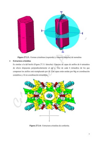 CeliaMarcosPascual
5
Figura 27.3.3.- Formas cristalinas (izquierda) y simetría (derecha) de turmalina
• Estructura cristalina
Es similar a la del berilo (Figura 27.3.1 derecha). Consiste de capas de anillos de 6 tetraedros
de silicio dispuestas perpendicularmente al eje c. Uno de cada 6 tetraedros de los que
componen los anillos está reemplazado por Al. Las capas están unidas por Mg en coordinación
octaédrica y Al en coordinación tetraédrica.
Figura 27.3.4.- Estructura cristalina de cordierita.
 