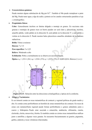 CeliaMarcosPascual
6
• Características químicas:
Puede mostrar alguna substitución de Mg por Fe2+
. También el Mn puede reemplazar a parte
del Mg. Puede tener agua y algo de sodio y potasio en los canales estructurales paralelos al eje
c cristalográfico.
• Propiedades físicas:
Color: Generalmente incolora en lámina delgada o montaje en granos. En secciones más
gruesas o montajes de granos ricos en hierro pueden ser azul claro y pleocróicas: incolora,
amarillo pálido, verde pálido en la dirección X; azul pálido en la dirección Y y azul pálido a
violeta en la dirección Z. Puede mostrar halos pleocróicos amarillos alrededor de inclusiones
radiactivas.
Brillo: Vítreo a resinoso
Dureza: 7 a 7,5
Peso específico: 3 a 3,25
Relieve: Moderado a alto
Exfoliación: Pobre y normalmente no se observa en sección delgada.
Óptica: nα= 1,521-1,561; nβ= 1,524-1,574; nγ= 1,527-1,578; δ= 0,005-0,016. Biáxica (+) o (-)
Figura 27.3.5.- Relación entre las direcciones cristalográficas y ópticas de la cordierita.
• Origen y Yacimientos:
Es un mineral común en rocas metamórficas de contacto y regional pelíticas de grado medio y
alto. Es común como porfiroblastos en hornfels de zonas metamórficas de contacto. En rocas de
zonas con metamorfismo regional puede formar porfiroblastos o granos anhedrales junto a
cuarzo y feldespatos. Puede estar asociada a estaurolita, andalucita, sillimanita, cianita,
cloritoide, clorita, moscovita y biotita. Es también común en ciertas rocas metamórficas máficas
junto a antofilita y algunas veces granate. Se encuentra frecuentemente en granito, pegmatita,
garbos, andesita y rocas volcánicas relacionadas.
 
