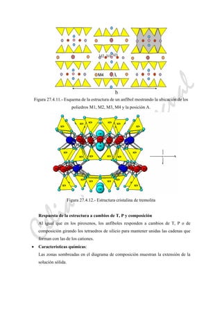 CeliaMarcosPascual
Figura 27.4.11.- Esquema de la estructura de un anfíbol mostrando la ubicación de los
poliedros M1, M2, M3, M4 y la posición A.
Figura 27.4.12.- Estructura cristalina de tremolita
Respuesta de la estructura a cambios de T, P y composición
Al igual que en los piroxenos, los anfíboles responden a cambios de T, P o de
composición girando los tetraedros de silicio para mantener unidas las cadenas que
forman con las de los cationes.
• Características químicas:
Las zonas sombreadas en el diagrama de composición muestran la extensión de la
solución sólida.
 