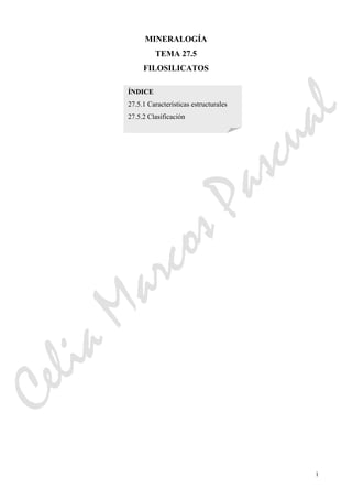 1
MINERALOGÍA
TEMA 27.5
FILOSILICATOS
ÍNDICE
27.5.1 Características estructurales
27.5.2 Clasificación
CeliaMarcosPascual
 