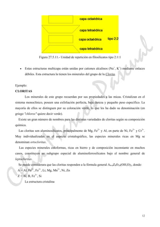 12
Figura 27.5.11.- Unidad de repetición en filosilicatos tipo 2:1:1
• Estas estructuras multicapa están unidas por cationes alcalinos (Na+
, K+
) mediante enlaces
débiles. Esta estructura la tienen los minerales del grupo de la Clorita.
Ejemplo:
CLORITAS
Los minerales de este grupo recuerdan por sus propiedades a las micas. Cristalizan en el
sistema monoclínico, poseen una exfoliación perfecta, baja dureza y pequeño peso específico. La
mayoría de ellos se distinguen por su coloración verde, lo que les ha dado su denominación (en
griego "chloros" quiere decir verde).
Existe un gran número de nombres para las distintas variedades de cloritas según su composición
química.
Las cloritas son aluminosilicatos, principalmente de Mg, Fe2+
y Al, en parte de Ni, Fe3+
y Cr3+
.
Muy individualizadas en el aspecto cristalográfico, las especies minerales ricas en Mg se
denominan ortocloritas.
Las especies minerales coloformas, ricas en hierro y de composición inconstante en muchos
casos, constituyen un subgrupo especial de aluminoferrosilicatos bajo el nombre general de
leptocloritas.
Se puede considerara que las cloritas responden a la fórmula general A4-6Z4O10(OH,O)2, donde:
A = Al, Fe2+
, Fe3+
, Li, Mg, Mn2+
, Ni, Zn
Z = Al, B, Fe3+
, Si
La estructura cristalina
CeliaMarcosPascual
 