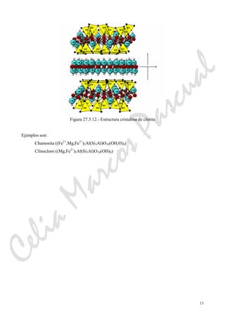 13
Figura 27.5.12.- Estructura cristalina de clorita
Ejemplos son:
Chamosita ((Fe2+
,Mg,Fe3+
)5Al(Si3Al)O10(OH,O)8)
Clinocloro ((Mg,Fe2+
)5Al(Si3Al)O10(OH)8)
CeliaMarcosPascual
 