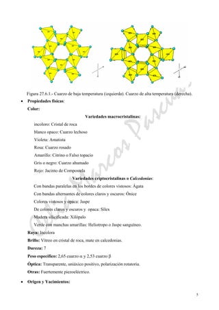 CeliaMarcosPascual
5
Figura 27.6.1.- Cuarzo de baja temperatura (izquierda). Cuarzo de alta temperatura (derecha).
• Propiedades físicas:
Color:
Variedades macrocristalinas:
incoloro: Cristal de roca
blanco opaco: Cuarzo lechoso
Violeta: Amatista
Rosa: Cuarzo rosado
Amarillo: Citrino o Falso topacio
Gris o negro: Cuarzo ahumado
Rojo: Jacinto de Compostela
Variedades criptocristalinas o Calcedonias:
Con bandas paralelas en los bordes de colores vistosos: Ágata
Con bandas alternantes de colores claros y oscuros: Ónice
Colores vistosos y opaca: Jaspe
De colores claros y oscuros y opaca: Sílex
Madera silicificada: Xilópalo
Verde con manchas amarillas: Heliotropo o Jaspe sanguíneo.
Raya: Incolora
Brillo: Vítreo en cristal de roca, mate en calcedonias.
Dureza: 7
Peso específico: 2,65 cuarzo α y 2,53 cuarzo β
Óptica: Transparente, uniáxico positivo, polarización rotatoria.
Otras: Fuertemente piezoeléctrico.
• Origen y Yacimientos:
 
