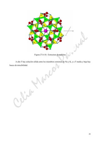 CeliaMarcosPascual
20
Figura 27.6.10.- Estructura de nefelina
A alta T hay solución sólida entre los miembros extremos de Na y K, y a T media y baja hay
hueco de miscibilidad.
 