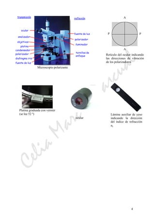 CeliaMarcosPascual
4
PP
A
A
Retículo del ocular indicando
las direcciones de vibración
de los polarizadores
ocular
Platina graduada con vernier
(se lee 52 º) Lámina auxiliar de yeso
indicando la dirección
del índice de refracción
nγ
fuente de luz
polarizador
tornillos de
enfoque
reflexión
iluminador
ocular
platina
fuente de luz
objetivos
polarizador
analizador
transmisión
diafragma iris
condensador
Microscopio polarizante
 