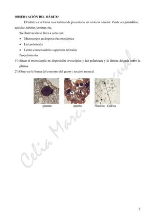 CeliaMarcosPascual
3
OBSERVACIÓN DEL HÁBITO
El hábito es la forma más habitual de presentarse un cristal o mineral. Puede ser prismático,
acicular, tabular, laminar, etc.
Su observación se lleva a cabo con:
• Microscopio en disposición ortoscópica
• Luz polarizada
• Lentes condensadoras superiores retiradas
Procedimiento
1º) Situar el microscopio en disposición ortoscópica y luz polarizada y la lámina delgada sobre la
platina.
2º) Observar la forma del contorno del grano o sección mineral.
Fluorita Calcitagranate apatito
 