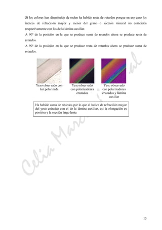 CeliaMarcosPascual
15
Si los colores han disminuido de orden ha habido resta de retardos porque en ese caso los
índices de refracción mayor y menor del grano o sección mineral no coinciden
respectivamente con los de la lámina auxiliar.
A 90º de la posición en la que se produce suma de retardos ahora se produce resta de
retardos.
A 90º de la posición en la que se produce resta de retardos ahora se produce suma de
retardos.
Yeso observado con
luz polarizada
Yeso observado
con polarizadores
cruzados
Yeso observado
con polarizadores
cruzados y lámina
auxiliar
Ha habido suma de retardos por lo que el índice de refracción mayor
del yeso coincide con el de la lámina auxiliar, así la elongación es
positiva y la sección largo lenta
 
