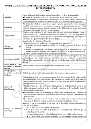 CeliaMarcosPascual
1
PROPIEDADES FÍSICAS OBSERVABLES CON EL MICROSCOPIO POLARIZANTE
DE TRANSMISIÓN
GLOSARIO
Adición
Suma del retardo de la sección mineral o cristalina y el de la lámina auxiliar.
• El color de interferencia de la sección cristalina o mineral baja de orden.
• Ocurre cuando las direcciones de vibración de las ondas lenta y rápida de la
sección mineral o cristalina son paralelas a las de la lámina auxiliar (Figura 1).
Alteración
Modificación debida a la reacción de algún elemento del cristal o mineral original
con CO2 o con agua que se encuentra en contacto con él, originando una nueva fase
mineral. Aparece como un área de turbidez en los feldespatos, o como un reborde
oscuro en los granos de olivino y en las fracturas.
Ángulo crítico
Ángulo de incidencia de la luz, cuando pasa desde un medio más denso (el cristal o
mineral con n1 = n2) a un medio menos denso (el aire con n1 = 1 < n2) para el que el
ángulo de refracción es de 90º, ya que el rayo transmitido se propaga a lo largo de la
superficie de separación de los dos medios (Figura 2).
Ángulo de
exfoliación
Ángulo entre dos trazas de exfoliación.
El procedimiento de medida en el microscopio es el siguiente
Se coloca una traza paralela a un hilo del retículo y se anota la lectura de la
platina.
Se gira la muestra hasta que la otra traza sea paralela al hilo del retículo y se
anota la lectura de la platina, la diferencia de lecturas es el ángulo de exfoliación
Puede servir de diagnóstico en los cristales o minerales
Ángulo de extinción
Ángulo entre una dirección de vibración y una dirección cristalográfica. Es una
propiedad que ocurre en los cristales o minerales anisótropos biáxicos, con extinción
oblicua. Para determinados minerales es una propiedad que permite identificarlos
(Figura 3).
Birrefringencia de
un cristal o mineral
biáxico
Es la diferencia entre los índices de refracción extremos: nγ y nα
Birrefringencia de
un cristal o mineral
uniáxico
Es la diferencia entre los índices de refracción extremos extremos, nω y nε
Colores de
interferencia
Colores que se observan como consecuencia de la interferencia de las ondas cuando
salen del cristal o mineral anisótropo. La interferencia implica que la diferencia de
trayectoria entre las ondas después de salir del cristal tiene que ser de un valor medio
de longitudes de onda ((2n + 1)/2)/λ.
• Dicha diferencia de trayectoria se produce porque la onda resultante vibra en un
plano que es perpendicular al del polarizador y paralelo al del analizador y por lo
tanto pasa luz a su través.
• Para su observación las direcciones de vibración de las ondas lenta y rápida de la
sección mineral o cristalina no coinciden con las direcciones de vibración de los
polarizadores.
• Los diversos colores que se observan son consecuencia de que el analizador
transmite de diferente manera los distintos componentes de la luz blanca.
Cristal o mineral
anisótropo
Aquél en el que la velocidad de la luz varía con la dirección. Su índice de refracción
varía con la dirección.
• La luz se desdobla en dos rayos o componentes.
• Cada rayo tiene su plano de polarización o dirección de vibración que es
perpendicular a la del otro.
• Un rayo viaja con mayor velocidad que el otro a través del cristal o mineral.
• Al que viaja con mayor velocidad le corresponde menor índice de
 