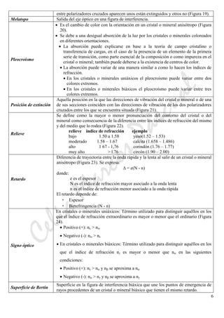 CeliaMarcosPascual
6
entre polarizadores cruzados aparecen unos están extinguidos y otros no (Figura 19).
Melatopo Salida del eje óptico en una figura de interferencia.
Pleocroísmo
• Es el cambio de color con la orientación en un cristal o mineral anisótropo (Figura
20).
• Se debe a una desigual absorción de la luz por los cristales o minerales coloreados
en diferentes orientaciones.
• La absorción puede explicarse en base a la teoría de campo cristalino o
transferencia de cargas, en el caso de la presencia de un elemento de la primera
serie de transición, como parte esencial de la composición o como impureza en el
cristal o mineral; también puede deberse a la existencia de centros de color.
• La absorción puede variar de una manera similar a como lo hacen los índices de
refracción.
• En los cristales o minerales uniáxicos el pleocroísmo puede variar entre dos
colores extremos.
• En los cristales o minerales biáxicos el pleocroísmo puede variar entre tres
colores extremos.
Posición de extinción
Aquella posición en la que las direcciones de vibración del cristal o mineral o de una
de sus secciones coinciden con las direcciones de vibración de los dos polarizadores
cruzados entre los que se encuentra situada (Figura 21).
Relieve
Se define como la mayor o menor pronunciación del contorno del cristal o del
mineral como consecuencia de la diferencia entre los índices de refracción del mismo
y del medio que lo rodea (Figura 22).
relieve índice de refracción ejemplo
bajo 1.50 a 1.58 yeso(1.52 – 1.53)
moderado 1.58 – 1.67 calcita (1.658 – 1.486)
alto 1 67 - 1,76 corindón (1.76 – 1.77)
muy alto > l.76 circón (1.90 – 2.00)
Retardo
Diferencia de trayectoria entre la onda rápida y la lenta al salir de un cristal o mineral
anisótropo (Figura 23). Se expresa:
Δ = e(N - n)
donde:
e es el espesor
N es el índice de refracción mayor asociado a la onda lenta
n es el índice de refracción menor asociado a la onda rápida
El retardo depende de:
• Espesor
• Birrefringencia (N - n)
Signo óptico
En cristales o minerales uniáxicos: Término utilizado para distinguir aquéllos en los
que el índice de refracción extraordinario es mayor o menor que el ordinario (Figura
24).
• Positivo (+): nε > nω
• Negativo (-): nω > nε
• En cristales o minerales biáxicos: Término utilizado para distinguir aquéllos en los
que el índice de refracción nγ es mayor o menor que nα en las siguientes
condiciones:
• Positivo (+): nγ > nα y nβ se aproxima a nα
• Negativo (-): nα > nγ y nβ se aproxima a nγ
Superficie de Bertin
Superficie en la figura de interferencia biáxica que une los puntos de emergencia de
rayos procedentes de un cristal o mineral biáxico que tienen el mismo retardo.
 