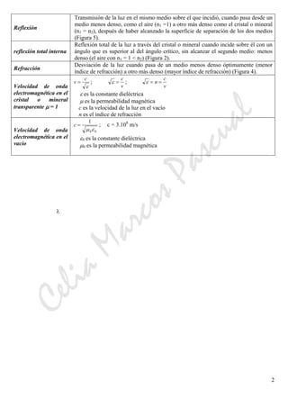 CeliaMarcosPascual
2
Reflexión
Transmisión de la luz en el mismo medio sobre el que incidió, cuando pasa desde un
medio menos denso, como el aire (n1 =1) a otro más denso como el cristal o mineral
(n1 = n2), después de haber alcanzado la superficie de separación de los dos medios
(Figura 5).
reflexión total interna
Reflexión total de la luz a través del cristal o mineral cuando incide sobre él con un
ángulo que es superior al del ángulo crítico, sin alcanzar el segundo medio: menos
denso (el aire con n1 = 1 < n2) (Figura 2).
Refracción
Desviación de la luz cuando pasa de un medio menos denso óptimamente (menor
índice de refracción) a otro más denso (mayor índice de refracción) (Figura 4).
Velocidad de onda
electromagnética en el
cristal o mineral
transparente μ = 1
v
c
=
ε
; ε =
c
v
; ε = =n
c
v
ε es la constante dieléctrica
μ es la permeabilidad magnética
c es la velocidad de la luz en el vacío
n es el índice de refracción
Velocidad de onda
electromagnética en el
vacío
c =
1
0 0μ ε
; c = 3.108
m/s
ε0 es la constante dieléctrica
μ0 es la permeabilidad magnética
λ
 
