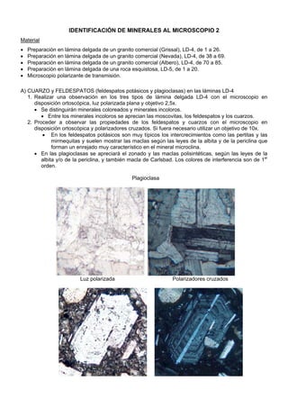 IDENTIFICACIÓN DE MINERALES AL MICROSCOPIO 2
Material
• Preparación en lámina delgada de un granito comercial (Grissal), LD-4, de 1 a 26.
• Preparación en lámina delgada de un granito comercial (Nevada), LD-4, de 38 a 69.
• Preparación en lámina delgada de un granito comercial (Albero), LD-4, de 70 a 85.
• Preparación en lámina delgada de una roca esquistosa, LD-5, de 1 a 20.
• Microscopio polarizante de transmisión.
A) CUARZO y FELDESPATOS (feldespatos potásicos y plagioclasas) en las láminas LD-4
1. Realizar una observación en los tres tipos de lámina delgada LD-4 con el microscopio en
disposición ortoscópica, luz polarizada plana y objetivo 2,5x.
• Se distinguirán minerales coloreados y minerales incoloros.
• Entre los minerales incoloros se aprecian las moscovitas, los feldespatos y los cuarzos.
2. Proceder a observar las propiedades de los feldespatos y cuarzos con el microscopio en
disposición ortoscópica y polarizadores cruzados. Si fuera necesario utilizar un objetivo de 10x.
• En los feldespatos potásicos son muy típicos los intercrecimientos como las pertitas y las
mirmequitas y suelen mostrar las maclas según las leyes de la albita y de la periclina que
forman un enrejado muy característico en el mineral microclina.
• En las plagioclasas se apreciará el zonado y las maclas polisintéticas, según las leyes de la
albita y/o de la periclina, y también macla de Carlsbad. Los colores de interferencia son de 1er
orden.
Plagioclasa
Luz polarizada Polarizadores cruzados
 