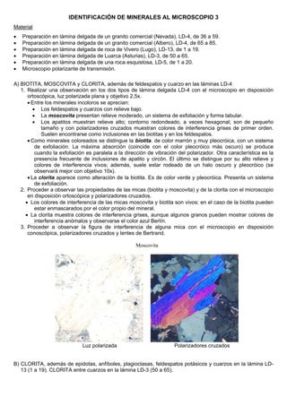IDENTIFICACIÓN DE MINERALES AL MICROSCOPIO 3
Material
• Preparación en lámina delgada de un granito comercial (Nevada), LD-4, de 36 a 59.
• Preparación en lámina delgada de un granito comercial (Albero), LD-4, de 65 a 85.
• Preparación en lámina delgada de roca de Vivero (Lugo), LD-13, de 1 a 19.
• Preparación en lámina delgada de Luarca (Asturias), LD-3, de 50 a 65.
• Preparación en lámina delgada de una roca esquistosa, LD-5, de 1 a 20.
• Microscopio polarizante de transmisión.
A) BIOTITA, MOSCOVITA y CLORITA, además de feldespatos y cuarzo en las láminas LD-4
1. Realizar una observación en los dos tipos de lámina delgada LD-4 con el microscopio en disposición
ortoscópica, luz polarizada plana y objetivo 2,5x.
• Entre los minerales incoloros se aprecian:
• Los feldespatos y cuarzos con relieve bajo.
• La moscovita presentan relieve moderado, un sistema de exfoliación y forma tabular.
• Los apatitos muestran relieve alto; contorno redondeado, a veces hexagonal; son de pequeño
tamaño y con polarizadores cruzados muestran colores de interferencia grises de primer orden.
Suelen encontrarse como inclusiones en las biotitas y en los feldespatos.
• Como minerales coloreados se distingue la biotita. de color marrón y muy pleocróica, con un sistema
de exfoliación. La máxima absorción (coincide con el color pleocróico más oscuro) se produce
cuando la exfoliación es paralela a la dirección de vibración del polarizador. Otra característica es la
presencia frecuente de inclusiones de apatito y circón. El último se distingue por su alto relieve y
colores de interferencia vivos; además, suele estar rodeado de un halo oscuro y pleocróico (se
observará mejor con objetivo 10x).
• La clorita aparece como alteración de la biotita. Es de color verde y pleocróica. Presenta un sistema
de exfoliación.
2. Proceder a observar las propiedades de las micas (biotita y moscovita) y de la clorita con el microscopio
en disposición ortoscópica y polarizadores cruzados.
• Los colores de interferencia de las micas moscovita y biotita son vivos; en el caso de la biotita pueden
estar enmascarados por el color propio del mineral.
• La clorita muestra colores de interferencia grises, aunque algunos granos pueden mostrar colores de
interferencia anómalos y observarse el color azul Berlín.
3. Proceder a observar la figura de interferencia de alguna mica con el microscopio en disposición
conoscópica, polarizadores cruzados y lentes de Bertrand.
Moscovita
Luz polarizada Polarizadores cruzados
B) CLORITA, además de epidotas, anfíboles, plagioclasas, feldespatos potásicos y cuarzos en la lámina LD-
13 (1 a 19). CLORITA entre cuarzos en la lámina LD-3 (50 a 65).
 