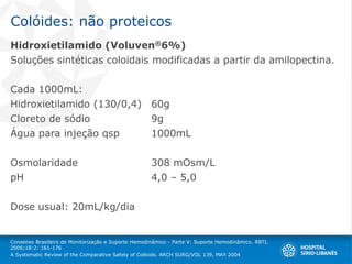 Colóides: não proteicos
Hidroxietilamido (Voluven®6%)
Soluções sintéticas coloidais modificadas a partir da amilopectina.
Cada 1000mL:
Hidroxietilamido (130/0,4) 60g
Cloreto de sódio 9g
Água para injeção qsp 1000mL
Osmolaridade 308 mOsm/L
pH 4,0 – 5,0
Dose usual: 20mL/kg/dia
Consenso Brasileiro de Monitorização e Suporte Hemodinâmico - Parte V: Suporte Hemodinâmico. RBTI,
2006;18:2: 161-176
A Systematic Review of the Comparative Safety of Colloids. ARCH SURG/VOL 139, MAY 2004
 