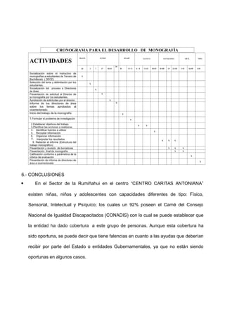 6.- CONCLUSIONES
 En el Sector de la Rumiñahui en el centro “CENTRO CARITAS ANTONIANA”
existen niñas, niños y adolescentes con capacidades diferentes de tipo: Físico,
Sensorial, Intelectual y Psíquico; los cuales un 92% poseen el Carné del Consejo
Nacional de Igualdad Discapacitados (CONADIS) con lo cual se puede establecer que
la entidad ha dado cobertura a este grupo de personas. Aunque esta cobertura ha
sido oportuna, se puede decir que tiene falencias en cuanto a las ayudas que deberían
recibir por parte del Estado o entidades Gubernamentales, ya que no están siendo
oportunas en algunos casos.
 