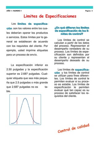 Limites de Especificaciones
Los límites de especifica-límites de especifica-
ciónción son los valores entre los cua-
les deberían operar los productos
o servicios. Estos límites por lo ge-
neral se establecen de acuerdo
con los requisitos del cliente. Por
ejemplo, usted imprime etiquetas
para un proceso de envío.
La especificación inferior es
2.50 pulgadas y la especificación
superior es 2.687 pulgadas. Cual-
quier etiqueta que sea más peque-
ña que 2.5 pulgadas o más grande
que 2.687 pulgadas no es acepta-
ble.
AÑO 1– NUMERO 1 Página 3
¿En qué difieren los límites¿En qué difieren los límites
de especificación de los lí-de especificación de los lí-
mites de control?mites de control?
Los límites de control se
calculan a partir de los datos
del proceso. Representan el
desempeño verdadero de su
proceso. Los límites de espe-
cificación son definidos por
su cliente y representan el
desempeño deseado de su
proceso.
Los límites de especifica-especifica-
ciónción y los límites de control
se utilizan para fines diferen-
tes. Los límites de control le
permiten evaluar si su proce-
so es estable. Los límites de
especificación le permiten
evaluar qué tan capaz es su
proceso de satisfacer los re-
quisitos del cliente.
 