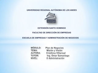 UNIVERSIDAD REGIONAL AUTÓNOMA DE LOS ANDES




             EXTENSIÓN SANTO DOMINGO

        FACULTAD DE DIRECCIÓN DE EMPRESAS

ESCUELA DE EMPRESAS Y ADMINISTRACIÒN DE NEGOCIOS
 