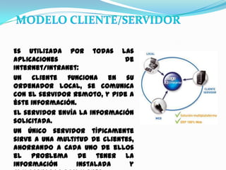MODELO CLIENTE/SERVIDOREs utilizada por todas las aplicaciones de Internet/Intranet:Un cliente funciona en su ordenador local, se comunica con el servidor remoto, y pide a éste información.El servidor envía la información solicitada.Un único servidor típicamente sirve a una multitud de clientes, ahorrando a cada uno de ellos el problema de tener la información instalada y almacenada localmente.Los sistemas Cliente-Servidor pueden ser de muchos tipos, dependiendo de las aplicaciones que el servidor pone a disposición de los clientes. 