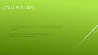 ¿CUÁL ES SU USO?




   ►   SE UTILIZA PARA DORMIR UNA PARTE SOLA O TODO ENTERO DE NUESTRO CUERPO.
   ►   EJEMPLOS:


   -SACAR UNA MUELA : TE ADORMECEN SOLO UNA PARTE (LA ENCÍA)
   -ABRIR LA CABEZA :TE DUERMEN ENTERO.
 