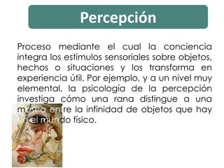 Percepción
Proceso mediante el cual la conciencia
integra los estímulos sensoriales sobre objetos,
hechos o situaciones y los transforma en
experiencia útil. Por ejemplo, y a un nivel muy
elemental, la psicología de la percepción
investiga cómo una rana distingue a una
mosca entre la infinidad de objetos que hay
en el mundo físico.
 