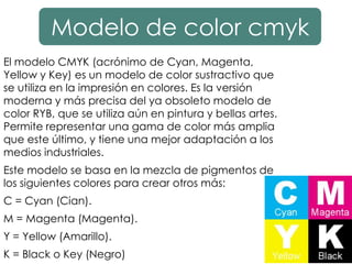 Modelo de color cmyk
El modelo CMYK (acrónimo de Cyan, Magenta,
Yellow y Key) es un modelo de color sustractivo que
se utiliza en la impresión en colores. Es la versión
moderna y más precisa del ya obsoleto modelo de
color RYB, que se utiliza aún en pintura y bellas artes.
Permite representar una gama de color más amplia
que este último, y tiene una mejor adaptación a los
medios industriales.
Este modelo se basa en la mezcla de pigmentos de
los siguientes colores para crear otros más:
C = Cyan (Cian).
M = Magenta (Magenta).
Y = Yellow (Amarillo).
K = Black o Key (Negro)
 