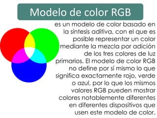 Modelo de color RGB
es un modelo de color basado en
la síntesis aditiva, con el que es
posible representar un color
mediante la mezcla por adición
de los tres colores de luz
primarios. El modelo de color RGB
no define por sí mismo lo que
significa exactamente rojo, verde
o azul, por lo que los mismos
valores RGB pueden mostrar
colores notablemente diferentes
en diferentes dispositivos que
usen este modelo de color.
 