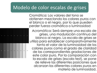 Modelo de color escalas de grises
Cromática: Los valores del tono se
obtienen mezclando los colores puros con
el blanco o el negro, por lo que pueden
perder fuerza cromática o luminosidad
Acromática: Será siempre una escala de
grises, una modulación continua del
blanco al negro. La escala de grises se
utiliza para establecer comparativamente
tanto el valor de la luminosidad de los
colores puros como el grado de claridad
de las correspondientes gradaciones de
este color puro. Por la comparación con
la escala de grises (escala test), se pone
de relieve las diferentes posiciones que
alcanzan los diferentes colores puros en
materia de luminosidad.
 
