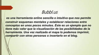 Bubbl.us
es una herramienta online sencilla e intuitiva que nos permite
construir esquemas mentales y establecer relaciones entre
conceptos en unos pocos minutos. Este es un ejemplo que no
tiene más valor que la visualización de las posibilidades de la
herramienta. Una vez realizado el mapa lo podemos imprimir,
compartir con otras personas o insertarlo en el blog.
 