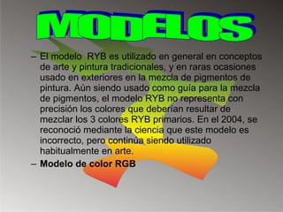 El modelo  RYB es utilizado en general en conceptos de arte y pintura tradicionales, y en raras ocasiones usado en exteriores en la mezcla de pigmentos de pintura. Aún siendo usado como guía para la mezcla de pigmentos, el modelo RYB no representa con precisión los colores que deberían resultar de mezclar los 3 colores RYB primarios. En el 2004, se reconoció mediante la ciencia que este modelo es incorrecto, pero continúa siendo utilizado habitualmente en arte. Modelo de color RGB MODELOS 