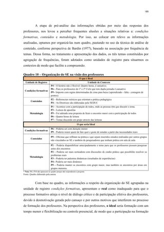 99
A etapa de pré-análise das informações obtidas por meio das respostas dos
professores, nos levou a perceber frequentes alusões a situações relativas a: condições
formativas, conteúdos e metodologia. Por isso, ao colocar em relevo as informações
analisadas, optamos por organizá-las num quadro, pautando no uso da técnica de análise de
conteúdo, conforme perspectiva de Bardin (1977), baseado na associação por frequência de
temas. Dessa forma, no tratamento e apresentação dos dados, os três temas constituídos por
agregação de frequências, foram adotados como unidades de registro para situarmos os
contextos de modo que facilite a compreensão.
Quadro 10 – Organização do SE na visão dos professores
O que é Real
Unidade de Registro Unidade de Contexto
Condições formativas
P4 – O horário não é flexível. Quatro horas, é cansativo.
P6 – Para os professores do 1º e 2º Ciclo que tem dupla jornada é cansativo
P9 - Imposto com regras determinadas de cima para baixo (aprendizado - falta - contagem de
pontos)
Conteúdos
P2 – Referenciais teóricos que orientam a prática pedagógica
P4 – As Diretrizes são elaboradas pela SEDUC
Metodologia
P1 – Acontece com a participação de todos, onde as pessoas têm que discutir o tema.
P3 – Leitura de apostilas
P5 – Foi adotada uma proposta de fazer o encontro maior com a participação de todos
P6 – Quatro horas de leitura
P7 – Temas discutido em grupo através das leituras
O que seria Ideal
Condições formativas
P6 – Poderia ser com duração menor
P9 – Poderia reunir quem de fato quer e goste de estudar a partir das necessidades reais
Conteúdos
P5 – Oficinas que reflitam na prática e que sejam inseridos estudos realizados por outros grupos
não vinculados ao SE e também de pesquisadores que tenham prática em sala de aula
Metodologia
P1 – Poderia disponibilizar antecipadamente o tema para que os professores possam pesquisar
antes dos encontros
P2 – Poderia ser mais norteadora com discussões de cunho prático que possibilite resolver os
problemas reais
P3 – Poderia ter palestras dinâmicas (resultados de experiências)
P4 - Poderia ser mais dinâmico
P5 – Poderia manter os encontros com grupo maior, mas também os encontros por áreas em
grupos menores.
* Nota: P8 e P10 não aparecem no quadro porque não responderam a pergunta
Fonte: Quadro elaborado pela autora
Com base no quadro, as informações a respeito da organização do SE agrupadas na
unidade de registro condições formativas, apresentam o real como inadequado para que o
processo formativo atinja o nível de diálogo crítico e de participação efetiva dos professores,
devido à desmotivação gerada pelo cansaço e por outros motivos que interferem no processo
de formação dos professores. Na perspectiva dos professores, o ideal seria formação com um
tempo menor e flexibilização no controle presencial, de modo que a participação na formação
 