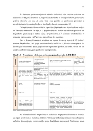 85
5 – Destaque quais estratégias de reflexões individuais e/ou coletivas poderiam ser
realizadas no SE para minimizar as fragilidades abordadas e, consequentemente, fortalecer a
prática educativa em sala de aula. Com essa questão, os professores proporiam a
metodologia e as formas de abordar as fragilidades durante os estudos do SE.
Cada pergunta trazia um objetivo específico, já pensado para organização do projeto
de formação continuada. Ou seja, a 1ª pergunta buscava elencar as temáticas pautadas nas
fragilidades (problemas) de âmbito local, a 2ª justificativa, a 3ª levantar o aporte teórico, 4ª
organizar o cronograma e a 5ª prever a metodologia dos encontros.
Para o desenvolvimento da atividade, os grupos tiveram o tempo de 15 (quinze)
minutos. Depois disso, cada grupo teve como função socializar, explicando suas respostas. As
informações socializadas pelos grupos foram organizadas por nós, de forma visível, em um
quadro, conforme segue, para que facilite a compreensão.
Quadro 6 – Propostas do coletivo de professores para elaboração do PSE 2013
Eixos Grupo 1 Grupo 2 Grupo 3 Grupo 4
Fragilidades
- Gestão escolar pedagógica
-Incompetência Fonética
- Patrimônio/estrutura
sucateada
- Comunicação entre
segmentos e comunidade
escolar e pais
- Falta de compromisso e participação dos alunos
- Evasão dos alunos do EJA
- Ausência da família
- Falta de
compromisso com
estudos e indisciplina
dos alunos
Justificativa
“Nós vivemos o dia a dia da
educação, então o lugar onde a
teoria precisaria ser discutida
seria aqui (escola), mesmo
assim não gostamos muito
dela”.
O Sucateamento na escola
atrapalha o processo de ensino-
aprendizagem;
O não repasse das informações
e de saber o que um pensa do
outro também.
“A comunicação com os
colegas e segmentos pode nos
ajudar, porque podemos
aprender uns com os outros”.
Necessidade de pensar em métodos diferenciados
para trabalhar com esses alunos dos EJA porque
eles são trabalhadores que chegam cansados e
muitas vezes precisam até trazer os filhos para
escola porque não têm com quem deixar.
Os pais não estão
preocupados com a
educação dos filhos,
deixaram tudo por
conta dos professores.
Referencial
- Freire
- Pacheco
Desconhecem autores que
abordam sobre o assunto.
- Gadotti
- Outros da diversidade
Cronograma
Longo Prazo Longo Prazo
Metodologia
Aula e palestra com
professores que tenham
pesquisa e conhecimento sobre
o assunto porque leitura depois
das 17 h não tem produtividade
“Discussões, leituras e reflexões em pequenos
grupos - depois para o grupo maior – depois levar
para sala de aula. Porque a intenção da formação é
modificar a prática. Se assim não for, fica
desanimador. Também estudo com um profissional
que conheça a realidade do chão da escola para nos
ensinar, porque não sabemos. Mas tem que ser com
alguém que realmente conheça a nossa realidade,
porque ficar 4 horas ouvindo blablablá ninguém
aguenta mais”.
Orientações práticas e
não teóricas através de
troca de experiências
Fonte: Quadro elaborado pela autora.
No acompanhamento do processo de elaboração do projeto constatamos a ausência
de algum aporte teórico basilar da dinâmica reflexiva e também de um rigor metodológico na
definição dos conteúdos compreendidos como fragilidades (problemas). Verificamos ainda
 