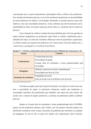 95
concretização real, as quais comprometem a participação crítica e reflexiva dos professores.
Essa situação dá elementos para que, ao invés dos professores apropriarem-se da possibilidade
de serem autônomos em relação a sua formação continuada, se mostrem passivos acerca dos
objetivos e das suas necessidades formativas. Assim, inferimos que não há autonomia sem a
possibilidade da crítica, do mesmo modo que não há crítica se o professor não for sujeito do
processo.
Com a intenção de verificar a relação dos temas definidos para o SE com questões da
prática docente, perguntamos aos professores quais foram os critérios estabelecidos para a
definição dos temas. Ao tratar dos resultados obtidos por meio do questionário, organizamos
os critérios citados nas respostas dos professores em 3 (três) classes. Elas têm relação com: o
conhecimento, o pedagógico e a resolução de problemas.
Quadro 9 – Critérios estabelecidos pelos professores para definição dos temas para o SE
Fonte: Quadro elaborado pela autora
Com base no quadro, pelo que foi possível entender, em relação ao conhecimento por
área e necessidades do grupo, os professores almejavam estudos que atendessem as
necessidades específicas dos profissionais que trabalham com alunos dos anos iniciais. De
acordo com a resposta de alguns professores, a presença de palestrantes poderia contribuir
para isso.
Quanto ao Avançar além de orientações e temas predeterminados pelo CEFAPRO,
apenas um dos professores pontuou como critério, mas nos pareceu relevante porque esse
profissional considerou como avançar, discussões de problemas que interferem na condução
do pedagógico na sala de sala, as quais tem relação com conhecimento sobre Currículo,
Classes Critérios
Conhecimento
Conhecimento por área;
Necessidades do grupo;
Avançar além de orientações e temas predeterminados pelo
CEFAPRO
Pedagógico
Melhorar o processo de ensino e aprendizagem;
Necessidades das fases do Ciclo
Resolução de problemas
Fragilidades da escola;
Estar de acordo com os problemas reais da escola
 