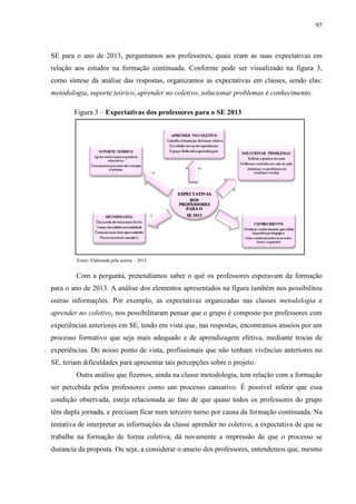 97
SE para o ano de 2013, perguntamos aos professores, quais eram as suas expectativas em
relação aos estudos na formação continuada. Conforme pode ser visualizado na figura 3,
como síntese da análise das respostas, organizamos as expectativas em classes, sendo elas:
metodologia, suporte teórico, aprender no coletivo, solucionar problemas e conhecimento.
Figura 3 – Expectativas dos professores para o SE 2013
Fonte: Elaborada pela autora – 2013.
Com a pergunta, pretendíamos saber o quê os professores esperavam da formação
para o ano de 2013. A análise dos elementos apresentados na figura também nos possibilitou
outras informações. Por exemplo, as expectativas organizadas nas classes metodologia e
aprender no coletivo, nos possibilitaram pensar que o grupo é composto por professores com
experiências anteriores em SE, tendo em vista que, nas respostas, encontramos anseios por um
processo formativo que seja mais adequado e de aprendizagem efetiva, mediante trocas de
experiências. Do nosso ponto de vista, profissionais que não tenham vivências anteriores no
SE, teriam dificuldades para apresentar tais percepções sobre o projeto.
Outra análise que fizemos, ainda na classe metodologia, tem relação com a formação
ser percebida pelos professores como um processo cansativo. É possível inferir que essa
condição observada, esteja relacionada ao fato de que quase todos os professores do grupo
têm dupla jornada, e precisam ficar num terceiro turno por causa da formação continuada. Na
tentativa de interpretar as informações da classe aprender no coletivo, a expectativa de que se
trabalhe na formação de forma coletiva, dá novamente a impressão de que o processo se
distancia da proposta. Ou seja, a considerar o anseio dos professores, entendemos que, mesmo
 