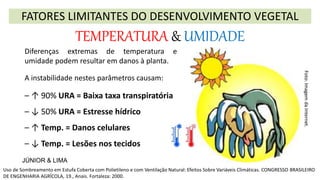 FATORES LIMITANTES DO DESENVOLVIMENTO VEGETAL
TEMPERATURA & UMIDADE
Foto:
Imagem
da
Internet.
Uso de Sombreamento em Estufa Coberta com Polietileno e com Ventilação Natural: Efeitos Sobre Variáveis Climáticas. CONGRESSO BRASILEIRO
DE ENGENHARIA AGRÍCOLA, 19., Anais. Fortaleza: 2000.
Diferenças extremas de temperatura e
umidade podem resultar em danos à planta.
A instabilidade nestes parâmetros causam:
– ↑ 90% URA = Baixa taxa transpiratória
– ↓ 50% URA = Estresse hídrico
– ↑ Temp. = Danos celulares
– ↓ Temp. = Lesões nos tecidos
JÚNIOR & LIMA
 