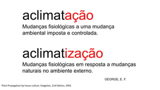 Plant Propagation by tissue culture. Exegeties, 2nd Edition, 1993.
GEORGE, E. F.
Mudanças fisiológicas a uma mudança
ambiental imposta e controlada.
Mudanças fisiológicas em resposta a mudanças
naturais no ambiente externo.
aclimatação
aclimatização
 