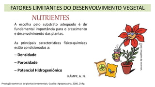 FATORES LIMITANTES DO DESENVOLVIMENTO VEGETAL
NUTRIENTES
A escolha pelo substrato adequado é de
fundamental importância para o crescimento
e desenvolvimento das plantas.
As principais características físico-químicas
estão condicionadas a:
– Densidade
– Porosidade
– Potencial Hidrogeniônico
Foto:
Imagem
da
Internet.
KÄMPF, A. N.
Produção comercial de plantas ornamentais. Guaíba: Agropecuária, 2000, 254p.
 