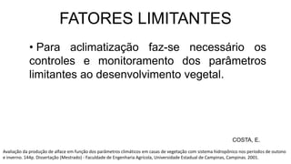 • Para aclimatização faz-se necessário os
controles e monitoramento dos parâmetros
limitantes ao desenvolvimento vegetal.
FATORES LIMITANTES
COSTA, E.
Avaliação da produção de alface em função dos parâmetros climáticos em casas de vegetação com sistema hidropônico nos períodos de outono
e inverno. 144p. Dissertação (Mestrado) - Faculdade de Engenharia Agrícola, Universidade Estadual de Campinas, Campinas. 2001.
 