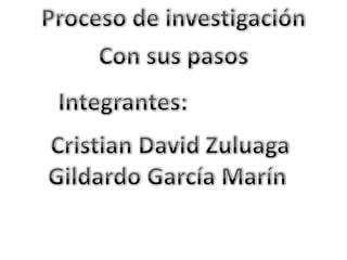 Proceso de investigación Con sus pasos Integrantes:  Cristian David Zuluaga Gildardo García Marín  