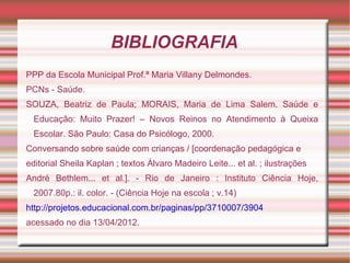 BIBLIOGRAFIA
PPP da Escola Municipal Prof.ª Maria Villany Delmondes.
PCNs - Saúde.
SOUZA, Beatriz de Paula; MORAIS, Maria de Lima Salem. Saúde e
  Educação: Muito Prazer! – Novos Reinos no Atendimento à Queixa
  Escolar. São Paulo: Casa do Psicólogo, 2000.
Conversando sobre saúde com crianças / [coordenação pedagógica e
editorial Sheila Kaplan ; textos Álvaro Madeiro Leite... et al. ; ilustrações
André Bethlem... et al.]. - Rio de Janeiro : Instituto Ciência Hoje,
  2007.80p.: il. color. - (Ciência Hoje na escola ; v.14)
http://projetos.educacional.com.br/paginas/pp/3710007/3904
acessado no dia 13/04/2012.
 