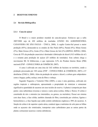16
2 DESENVOLVIMENTO
2.1 Revisão Bibliográfica
2.1.1 Cana de açúcar
O Brasil é o maior produtor mundial de cana-de-açúcar. Estima-se que a safra
2007/2008 seja de 420 milhões de toneladas (UNIÃO DA AGROINDÚSTRIA
CANAVIEIRA DE SÃO PAULO – ÚNICA, 2008). A região Centro-Sul possui a maior
produção (85%), destacando-se os estados de São Paulo (60%), Paraná (8%), Minas Gerais
(5%), Mato Grosso (4%), Goiás (3%) e Mato Grosso do Sul (2%) (RIPOLI; RIPOLI, 2004).
Cerca de 55% da produção canavieira é destinada à fabricação de álcool (18,5 milhões de m³)
e o restante para produção de açúcar (25 milhões de toneladas). Esta cultura chega a
movimentar R$ 36 bilhões/ano, o que representa 3,5% do Produto Interno Bruto (PIB)
nacional (FNP – CONSULTORIA & COMÉRCIO, 2007).
A cana é cultivada em uma área de 5,82 milhões de hectares no território, sendo a
produção processada por 320 usinas (FNP – CONSULTORIA & COMÉRCIO, 2007) e 67
destilarias (ÚNICA, 2008). Além da produção de açúcar e álcool, a cultura gera subprodutos
como o bagaço, palha, melaço, torta de filtro e vinhaça.
Segundo Nogueira e Venturini Filho (2005), a cana é uma gramínea, cultivada em
regiões tropicais e subtropicais, apresentando a propriedade de sintetizar e armazenar
significativa quantidade de sacarose em seus tecidos de reserva. A planta é composta por duas
partes: uma subterrânea (rizomas e raízes) e outra aérea (colmo, folhas e flores). O colmo é
constituído de nós e entrenós (ou internódios, ou gomos, ou meritalos). Possui um sistema
com duas fases, a fase sólida, também chamada de fibra, constituída por celulose, lignina e
hemicelulose e, a fase líquida cujo caldo contém substâncias orgânicas e 90% de sacarose. A
função do colmo é de suportar a parte aérea, conduzir água e nutrientes do solo para as folhas
onde os açucares são sintetizados, transportar estes carboidratos para as outras partes da
planta e armazenar sacarose e outras substâncias.
 