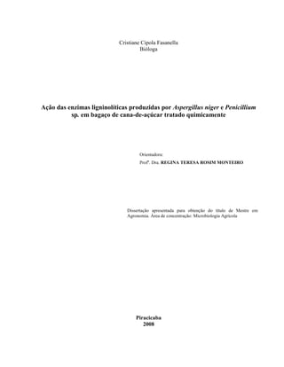 Cristiane Cipola Fasanella
Bióloga
Ação das enzimas ligninolíticas produzidas por Aspergillus niger e Penicillium
sp. em bagaço de cana-de-açúcar tratado quimicamente
Orientadora:
Profa
. Dra. REGINA TERESA ROSIM MONTEIRO
Dissertação apresentada para obtenção do título de Mestre em
Agronomia. Área de concentração: Microbiologia Agrícola
Piracicaba
2008
 