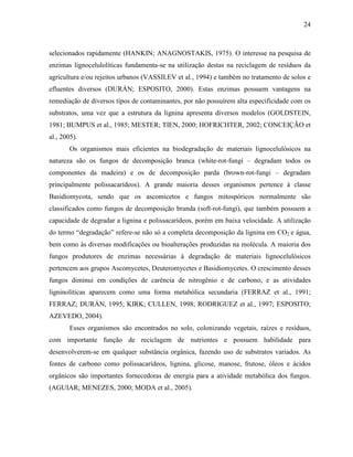 24
selecionados rapidamente (HANKIN; ANAGNOSTAKIS, 1975). O interesse na pesquisa de
enzimas lignocelulolíticas fundamenta-se na utilização destas na reciclagem de resíduos da
agricultura e/ou rejeitos urbanos (VASSILEV et al., 1994) e também no tratamento de solos e
efluentes diversos (DURÁN; ESPOSITO, 2000). Estas enzimas possuem vantagens na
remediação de diversos tipos de contaminantes, por não possuírem alta especificidade com os
substratos, uma vez que a estrutura da lignina apresenta diversos modelos (GOLDSTEIN,
1981; BUMPUS et al., 1985; MESTER; TIEN, 2000; HOFRICHTER, 2002; CONCEIÇÃO et
al., 2005).
Os organismos mais eficientes na biodegradação de materiais lignocelulósicos na
natureza são os fungos de decomposição branca (white-rot-fungi – degradam todos os
componentes da madeira) e os de decomposição parda (brown-rot-fungi – degradam
principalmente polissacarídeos). A grande maioria desses organismos pertence à classe
Basidiomycota, sendo que os ascomicetos e fungos mitospóricos normalmente são
classificados como fungos de decomposição branda (soft-rot-fungi), que também possuem a
capacidade de degradar a lignina e polissacarídeos, porém em baixa velocidade. A utilização
do termo “degradação” refere-se não só a completa decomposição da lignina em CO2 e água,
bem como às diversas modificações ou bioalterações produzidas na molécula. A maioria dos
fungos produtores de enzimas necessárias à degradação de materiais lignocelulósicos
pertencem aos grupos Ascomycetes, Deuteromycetes e Basidiomycetes. O crescimento desses
fungos diminui em condições de carência de nitrogênio e de carbono, e as atividades
ligninolíticas aparecem como uma forma metabólica secundaria (FERRAZ et al., 1991;
FERRAZ; DURÁN, 1995; KIRK; CULLEN, 1998; RODRIGUEZ et al., 1997; ESPOSITO;
AZEVEDO, 2004).
Esses organismos são encontrados no solo, colonizando vegetais, raízes e resíduos,
com importante função de reciclagem de nutrientes e possuem habilidade para
desenvolverem-se em qualquer substância orgânica, fazendo uso de substratos variados. As
fontes de carbono como polissacarídeos, lignina, glicose, manose, frutose, óleos e ácidos
orgânicos são importantes fornecedoras de energia para a atividade metabólica dos fungos.
(AGUIAR; MENEZES, 2000; MODA et al., 2005).
 