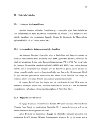 33
2.2 Material e Métodos
2.2.1 Linhagens fúngicas utilizadas
As duas linhagens utilizadas, Penicillium sp. e Aspergillus niger foram isoladas de
solo contaminado por borra de petróleo no município de Paulínia (SP) e preservadas pelo
método Castellani pelo pesquisador Eduardo Moraes do laboratório de Microbiologia
Aplicada UNESP – Rio Claro no ano de 2005.
2.2.2 Manutenção das linhagens e condições de cultivo
As linhagens fúngicas (Aspergillus niger e Penicillium sp.) foram inoculadas em
placas de Petri contendo meio de cultura sólido BDA (ágar-batata-dextrose), incubadas em
estufa por um período de sete a oito dias com temperatura de 27ºC (± 3ºC). Para preservação
das linhagens foi mantido o método Castellani (CASTELLANI, 1967). Para a realização deste
método, após o crescimento das linhagens (3/4 do diâmetro da placa), discos de meio de
cultura contendo micélio e esporos foram transferidos para frascos de vidro contendo 10 mL
de água destilada previamente esterilizados. Os frascos foram fechados com tampa de
borracha, selados com tampa de metal e estocados à temperatura ambiente.
O preparo dos inóculos dos fungos para os experimentos foi em BDA, com um
período de incubação de oito dias, utilizando como inoculo discos de 5 mm de diâmetros
contendo meio e a borda da cultura crescida em placas de Petri (Item 2.2.6).
2.2.3 Bagaço de cana-de-açúcar
O bagaço de cana-de-açúcar utilizado da safra 2006-2007 foi doado pela usina Cosan
(Unidade Costa Pinto), no município de Piracicaba, SP. O mesmo foi seco ao ar livre, na
sombra e estocado em saco plástico até o uso.
Antes de iniciar os tratamentos o bagaço foi submetido à secagem, em estufa com
temperatura de 60ºC durante 24 horas. Posteriormente, alíquotas de 5 g de bagaço seco e
 